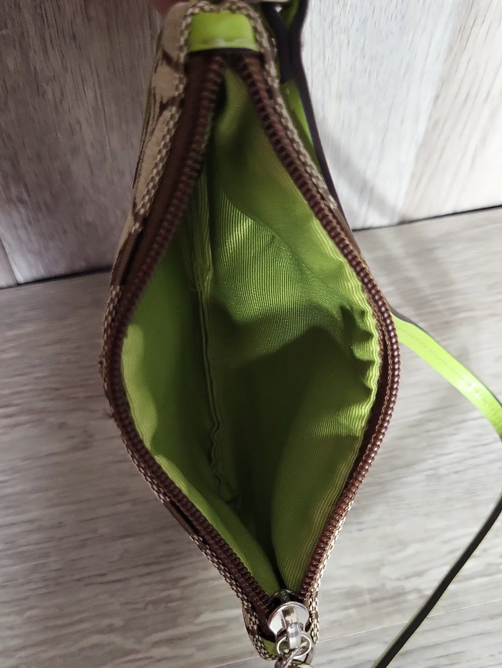 Coach Signature Wristlet Lime Green Trim Khaki Jacquard Wrist Strap Mini Pouch